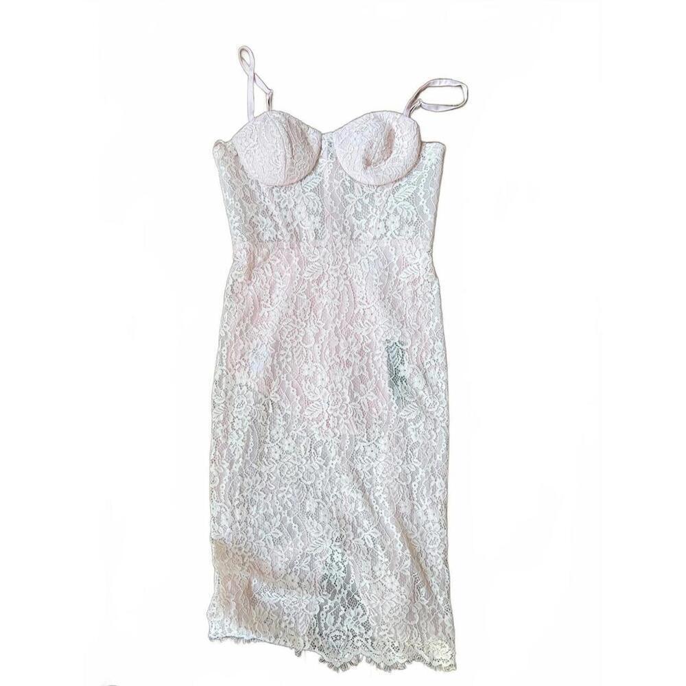 New BCBG Women's Pink Lace Mesh Midi Dress with Built in Bodysuit, size 4